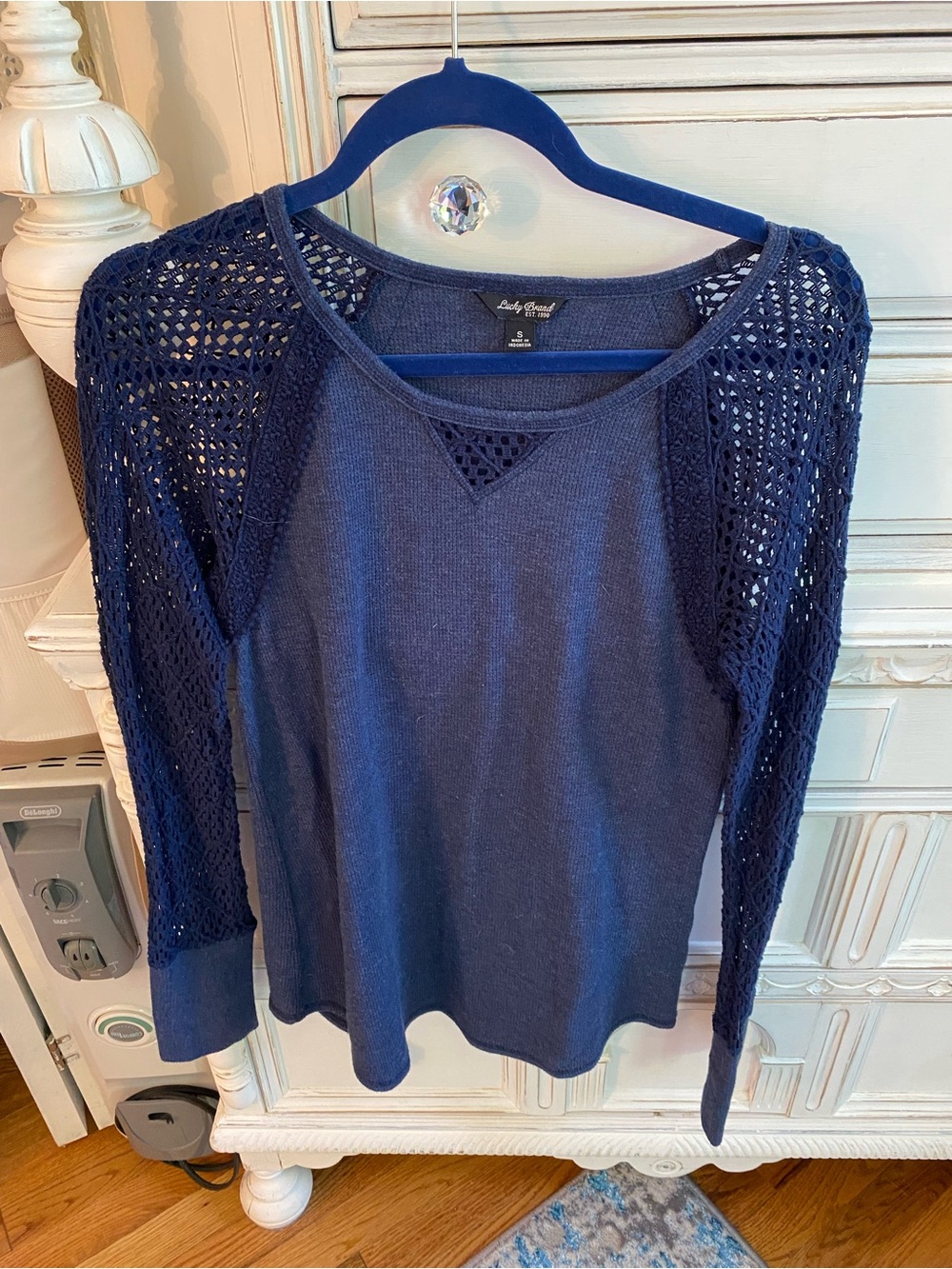 Lucky Brand Navy Crochet Accent Sweater
